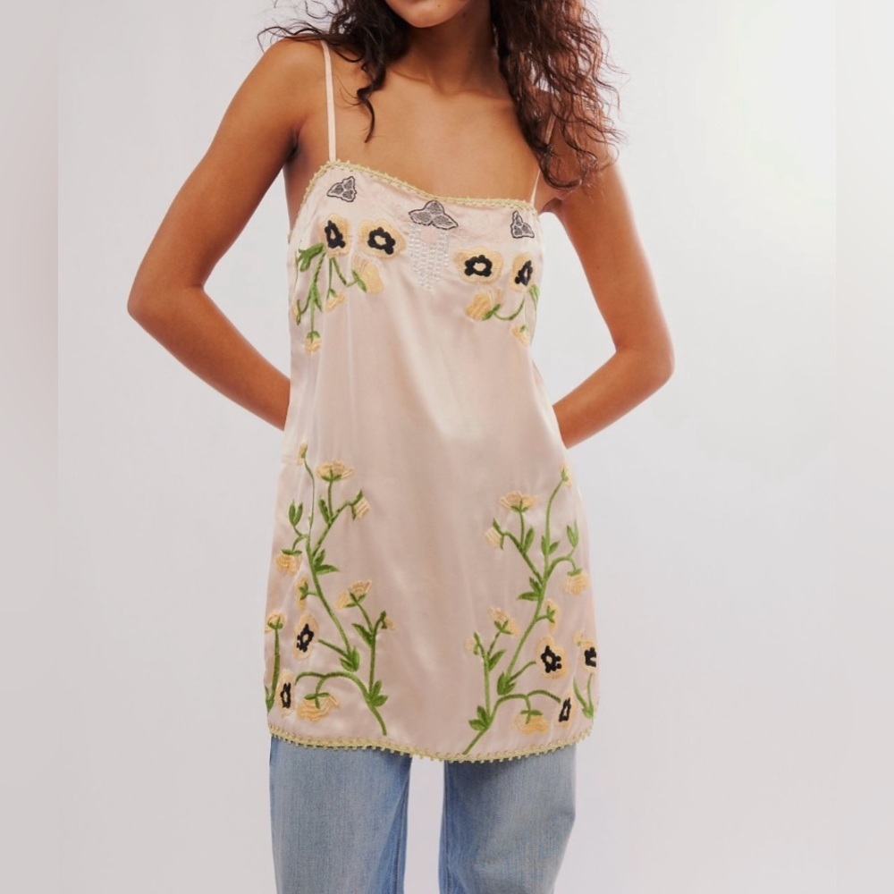 Free People Bali Garden Party Slip S Cream Floral Embroidery Sequins